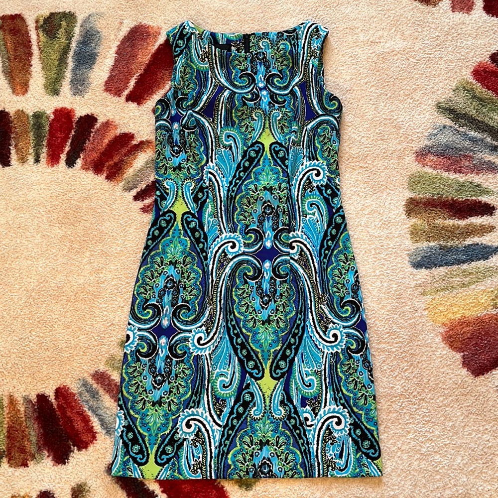 AB Studio Blue, Green, Black, and White paisley sheath dress